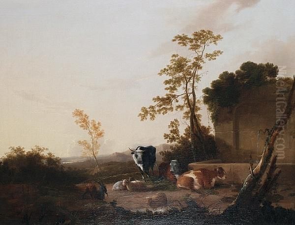 Cattle, Goats And Sheep At A Well Oil Painting by James Baker Pyne