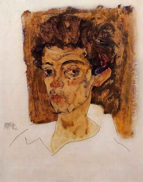 Self Portrait With Brown Background Oil Painting by Egon Schiele