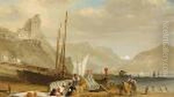 Fishermen Mending Nets In The Italian Lakes Oil Painting by James Baker Pyne