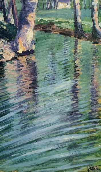 Trees Mirrored In A Pond Oil Painting by Egon Schiele