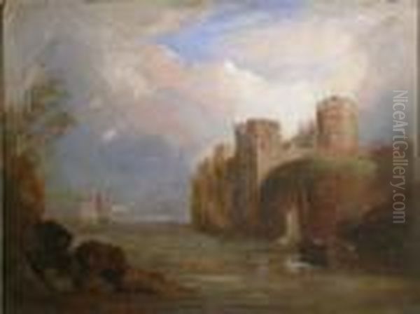 Boats On A River With Castle Beyond Oil Painting by James Baker Pyne