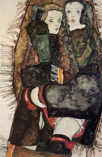 Two Girls On A Fringed Blanket Oil Painting by Egon Schiele