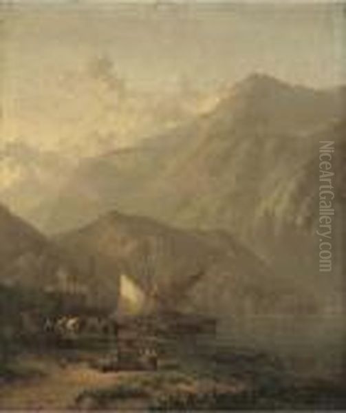 Mountainous Lake Landscape With Figures And Boats In The Foreground And A Villa Beyond Oil Painting by James Baker Pyne