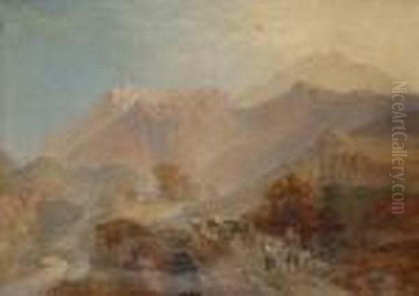 Figures Crossing A Bridge In An Alpine Landscape Oil Painting by James Baker Pyne