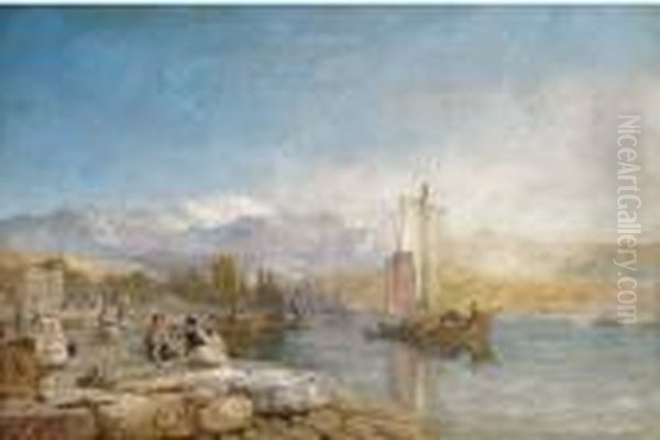 Figures On The Bank Of Lake Zurich Oil Painting by James Baker Pyne