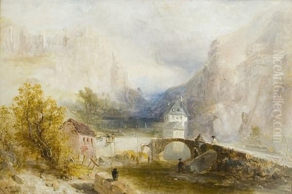 A Rocky River Landscape With Figures By A Bridge Oil Painting by James Baker Pyne