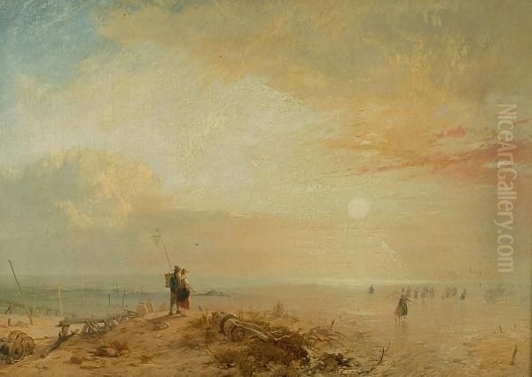 Shrimpers Retreating From The Tide At Sunset Oil Painting by James Baker Pyne