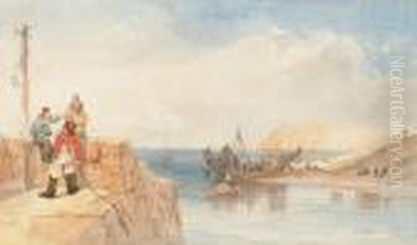 Figures On A Jetty Watching The Building Of A Boat Oil Painting by James Baker Pyne