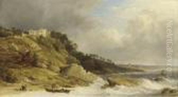 Fishermen Landing A Boat Before A Clifftop Country House Oil Painting by James Baker Pyne