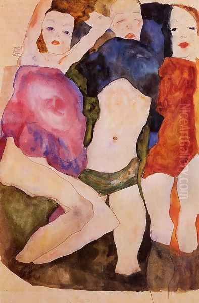 Three Girls Oil Painting by Egon Schiele