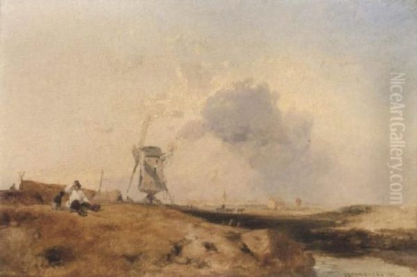 A Figure Seated Beside A Windmill, Sandwich, On The Kent Coast Oil Painting by James Baker Pyne