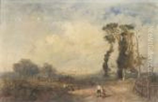 Figures Walking On A Country Lane; Loading The Haycart Oil Painting by James Baker Pyne