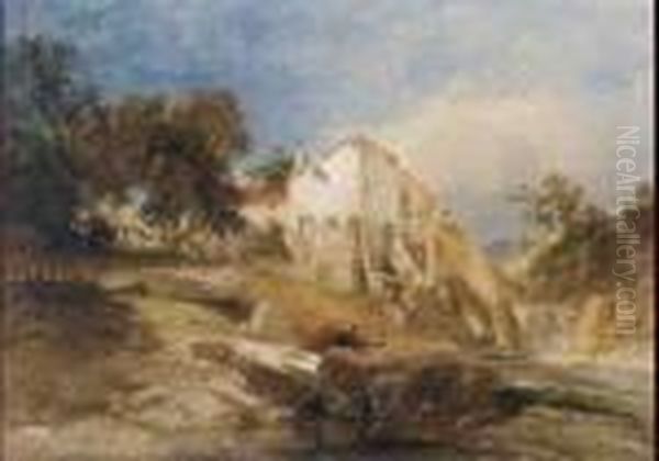 Children Fishing Beside An Old Mill Oil Painting by James Baker Pyne