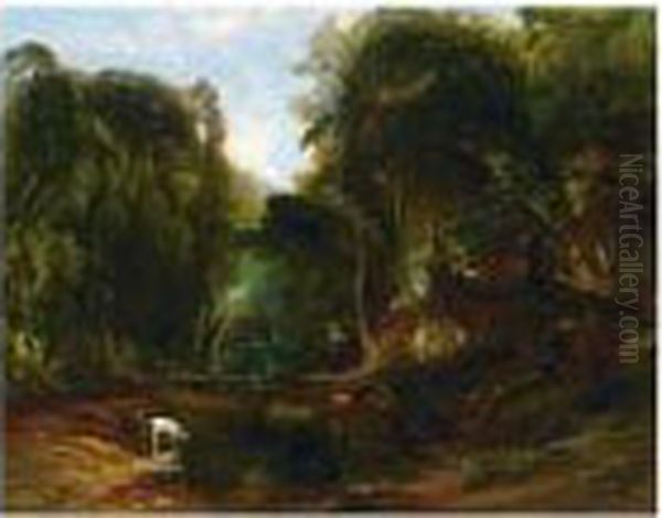 Deer Watering In A Forest Glade Oil Painting by James Baker Pyne