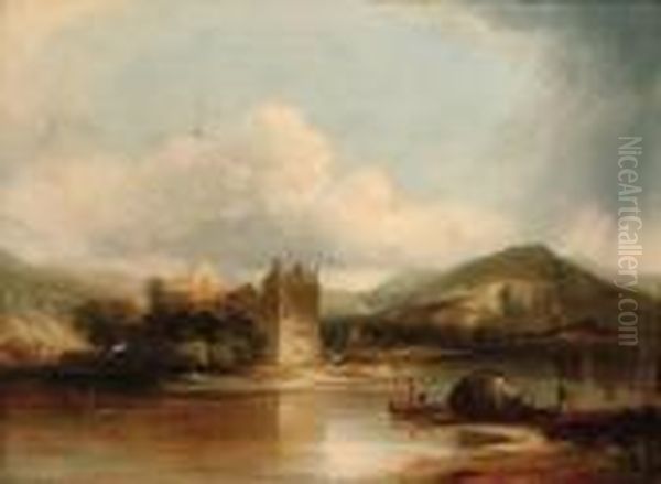 Figures Boating On A Lake, A Ruined Castle Beyond Oil Painting by James Baker Pyne