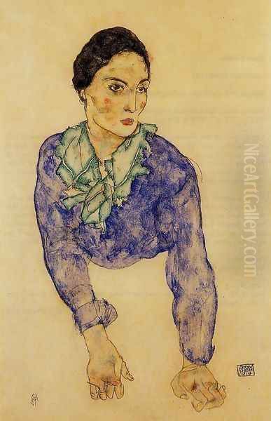 Portrait Of A Woman With Blue And Green Scarf Oil Painting by Egon Schiele