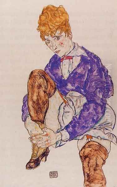 Portrait Of The Artists Wife Seated Holding Her Right Leg Oil Painting by Egon Schiele