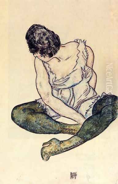 Seated Woman With Green Stockings Oil Painting by Egon Schiele