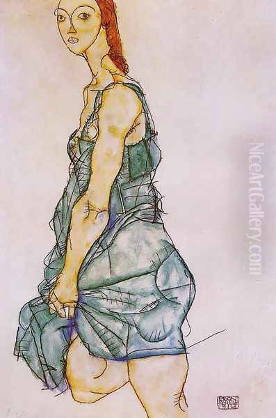 Standing Woman In A Green Skirt Oil Painting by Egon Schiele