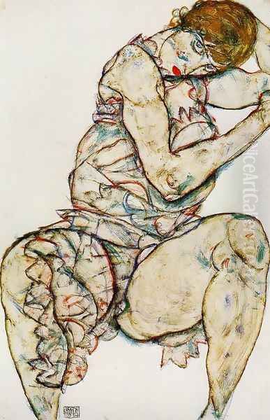 Seated Woman With Her Left Hand In Her Hair Oil Painting by Egon Schiele