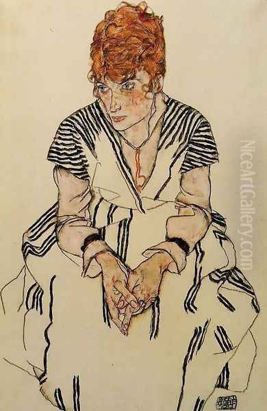 The Artists Sister In Law In A Striped Dress Seated Oil Painting by Egon Schiele