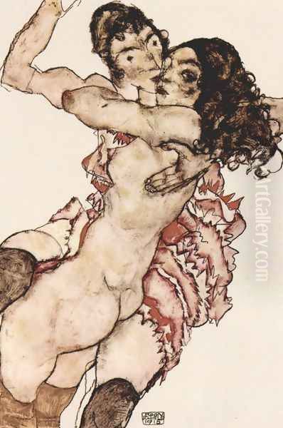 Pair of Women (Women embracing each other) Oil Painting by Egon Schiele