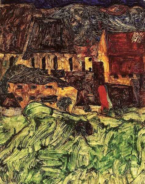 Meadow, Church and Houses Oil Painting by Egon Schiele