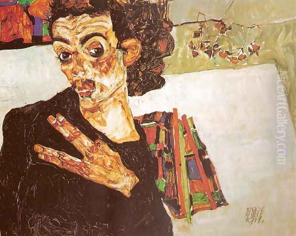 Self-Portrait with Black Earthenware Vessel (Selbstbildnis mit schwarzem Tongefass) Oil Painting by Egon Schiele