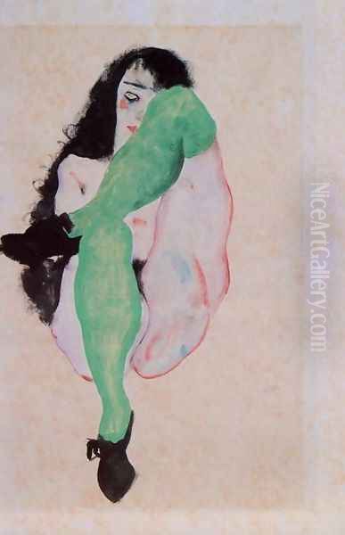 Girl with Green Stockings Oil Painting by Egon Schiele