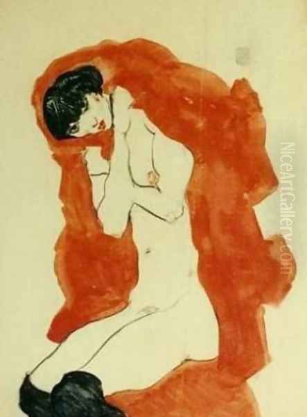 Girl with Red Blanket Oil Painting by Egon Schiele