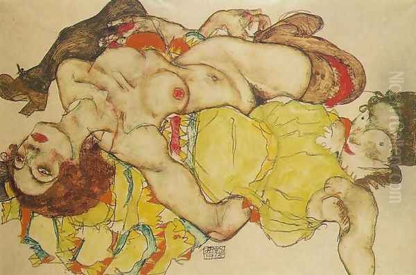 Two Women Oil Painting by Egon Schiele