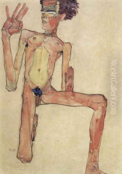 Kneeling act, selfportrait Oil Painting by Egon Schiele