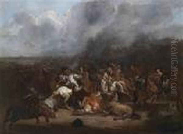 A Cavalry Engagement Oil Painting by August Querfurt