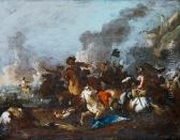 A Cavalry Skirmish Oil Painting by August Querfurt