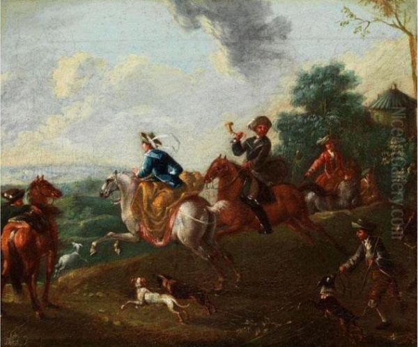 Jagdgesellschaft In Hugeligerlandschaft Oil Painting by August Querfurt