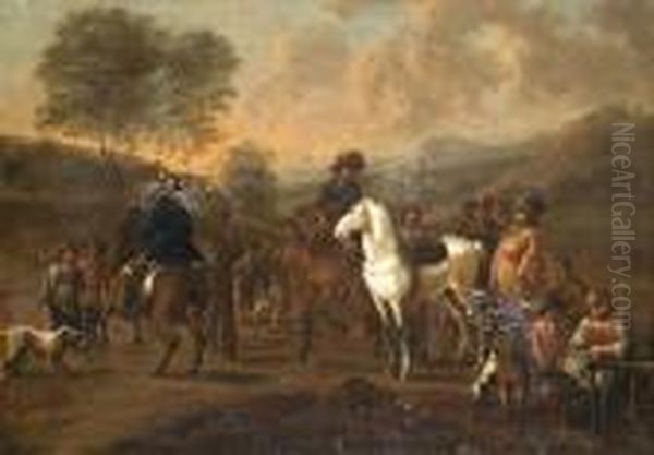 Reprise Equestre Et Halte De Cavaliers Oil Painting by August Querfurt