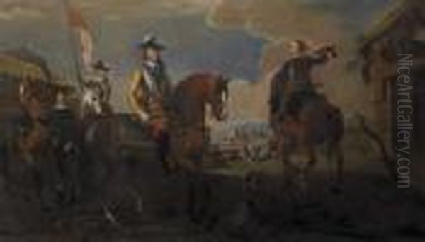 Portrait Du Comte Von Anholt Et De Deux Autres Commandants Devant La Ville De Widenbruck Oil Painting by August Querfurt