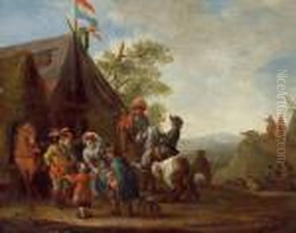 Scena Di Cavalleria In Un Accampamento Di Fronte A Una Citta Assediata Oil Painting by August Querfurt