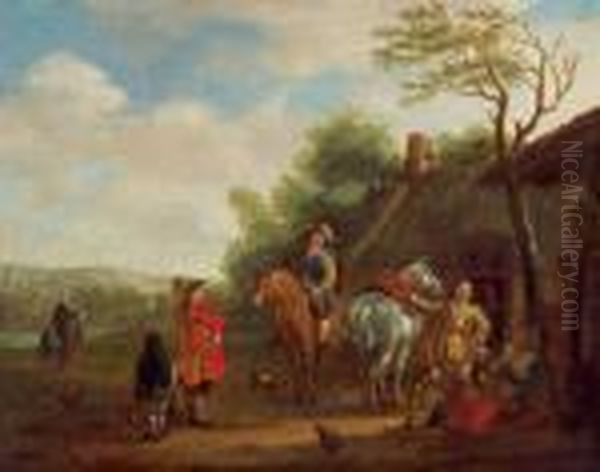 Cavalieri In Sosta Di Fronte A Una Locanda Oil Painting by August Querfurt