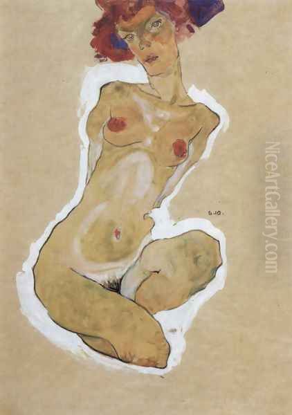 Squatting feminine act Oil Painting by Egon Schiele