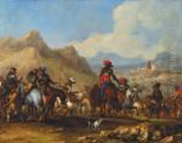 Cavalry Near A Town In The Mountains Oil Painting by August Querfurt