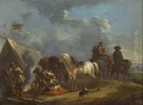 Paesaggio Con Soldati Attorno Ad Un Fuoco E Viandanti Acavallo Oil Painting by August Querfurt