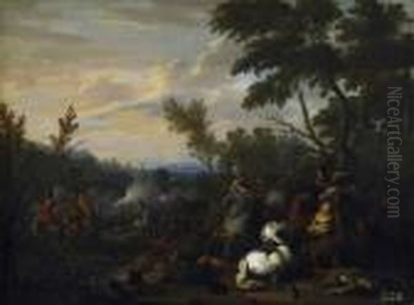 Two Paintings. A) Cavalry Battle
 In A River Landscape. Denoted With Stock Number Below Right: 421 Oil Painting by August Querfurt