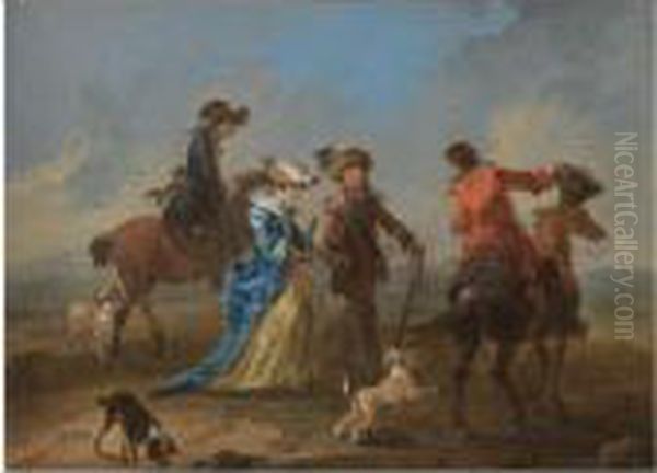 A Landscape With A Gentleman And A Lady Conversing With Two Men On Horseback Oil Painting by August Querfurt