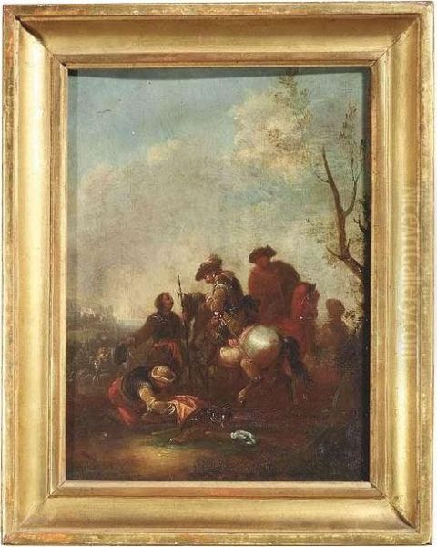 A Battlefield With An Officer On Horseback And Several Soldiers Oil Painting by August Querfurt