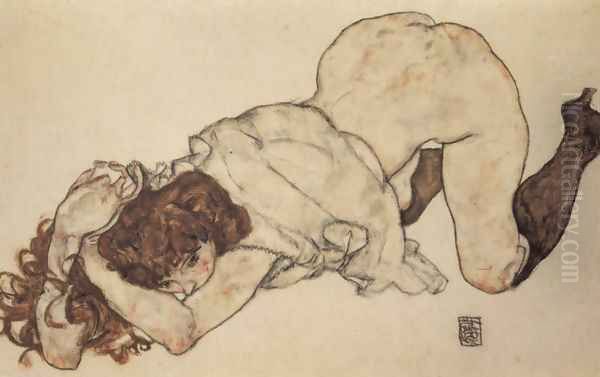 Kneeling girl, on both elbows supported Oil Painting by Egon Schiele