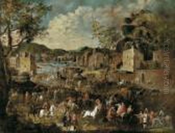 Mercato Die Cavalli Di Fronte Alle Mura Di Una Citta Oil Painting by August Querfurt