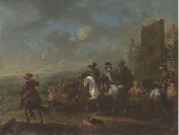 A Hawking Party By A Village Oil Painting by August Querfurt