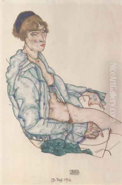 Sitting woman with blue hair ribbon Oil Painting by Egon Schiele