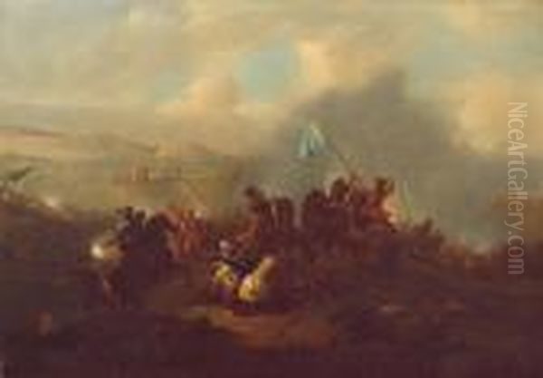 A Cavalry Battle Oil Painting by August Querfurt